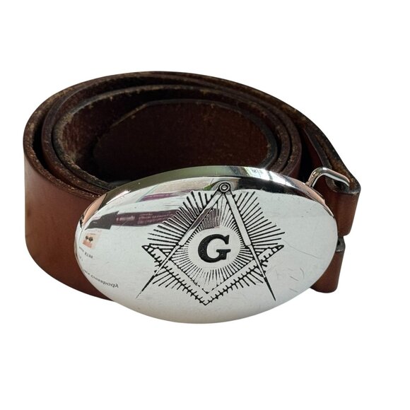 Levi Leather Belt with Solid Brass Masonic Freemasons Belt Buckle - Picture 3 of 8